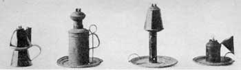 Four Types of Whale-Oil Lamps: About 1740 Benjamin Franklin invented a burner for such lamps with two wick tubes that greatly increased the illumination. The lamp, third from the left, was used by Abraham Lincoln in his Springfield, Illinois, law office. It has the Franklin design of burner.