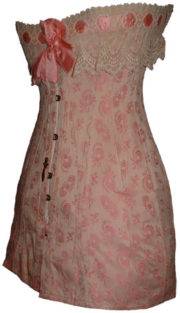 An early 1910s longline corset made from bow patterned pink brocade. From the collection of L. Hidic, corsetsandcrinolines.com, via The Antique Corset Gallery.