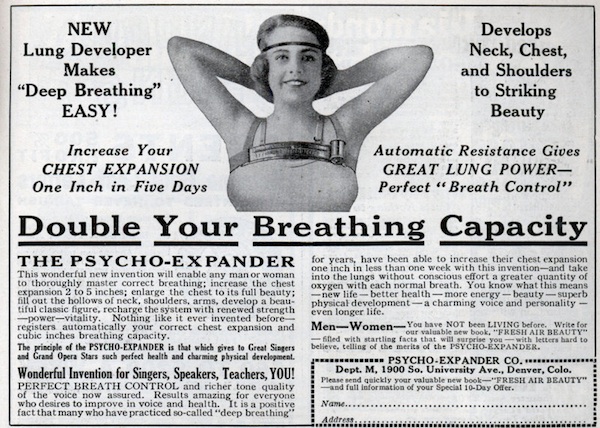 A 1924 ad claims this device will "enlarge the chest to its full beauty." Via ModernMechanix.com.