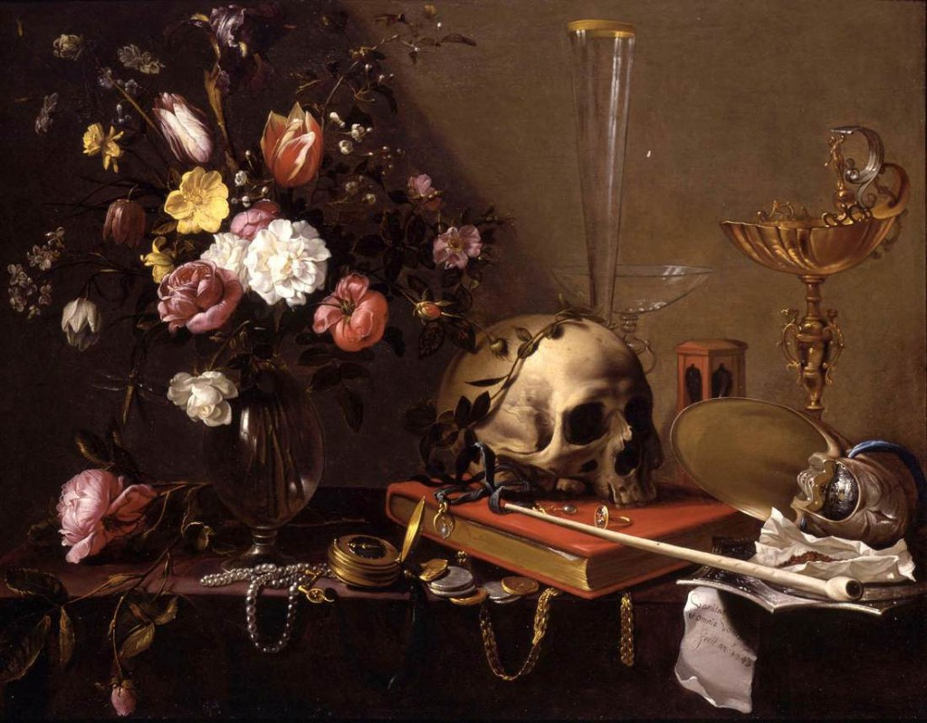 "Still Life with Bouquet and Skull" by Adriaen van Utrecht exemplifies the vanitas genre, circa 1642.