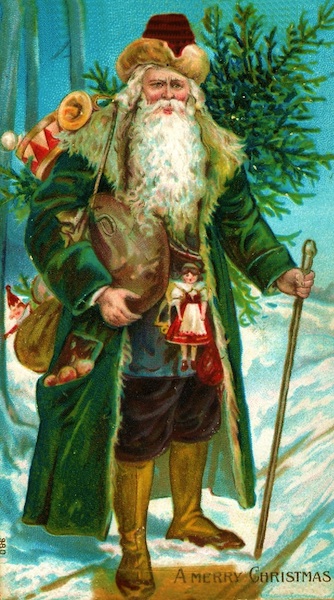 Top: A religious icon of Saint Nicholas of Myra, believed to be a generous 4th-century bishop in Asia Minor. Above: Green-coated Father Christmas emerged in Renaissance-era England as the embodiment of the holiday.