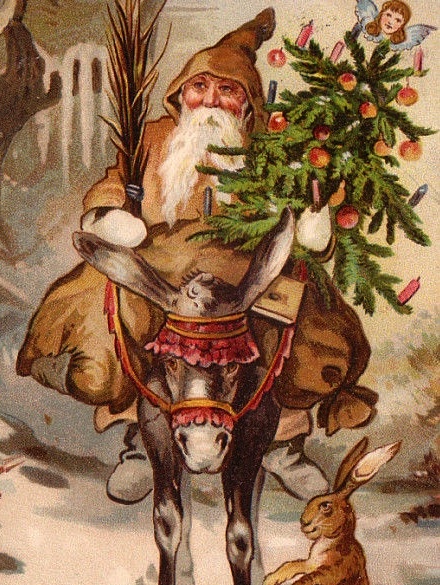 Belsnickel, one of St. Nicholas's helpers in the Germanic tradition, checked on children's behavior before Christmas. Here he carries switches in one hand and a feather tree in the other.