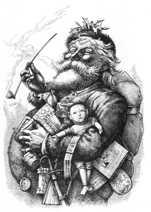 Inspired by "’Twas the Night Before Christmas," magazine illustrator Thomas Nast drew a chubby Old St. Nick in 1863 and gave him the name "Santa Claus."