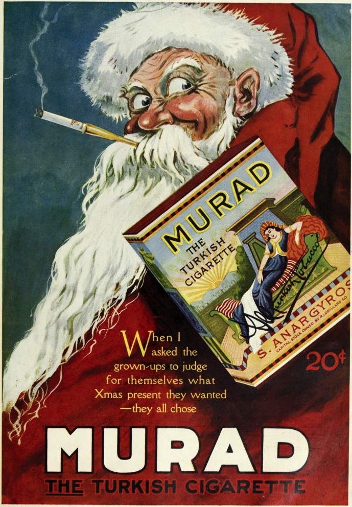 As early as 1919, American tobacco companies like Murad created ads showing Santa trading his pipe for cigarettes.