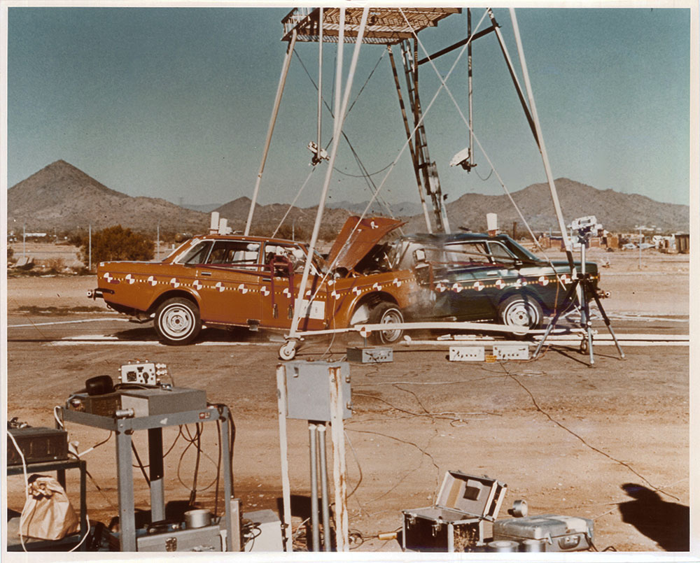 In the late 1970s, the NHTSA standardized crash tests, like this 90 mph test of two Volvos.