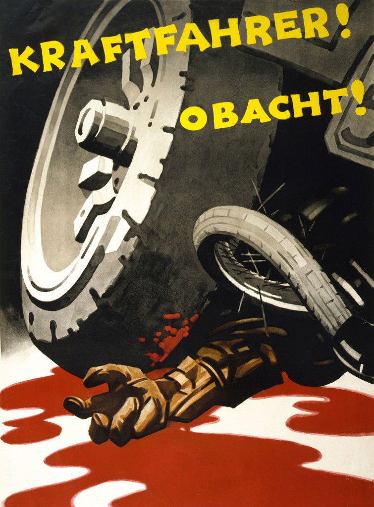 Gory depictions of car violence became rare in the United States after the 1920s, though they persisted in Europe, as seen in his German safety poster from 1930 that reads, "Motorist! Be Careful!"