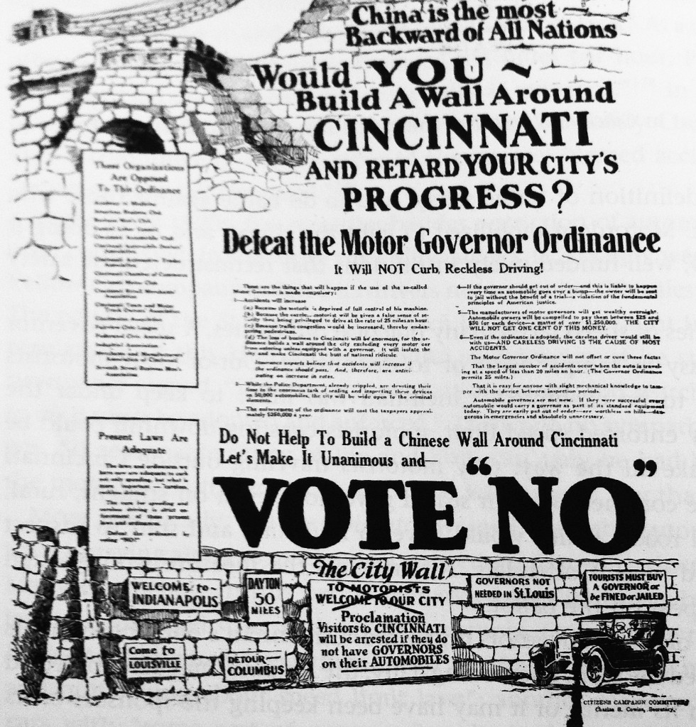 One auto-industry response to the Cincinnati referendum of 1923 was to conflate speed governors with negative stereotypes about China. Via the Cincinnati Post.