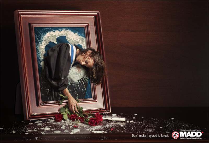 Though their advocacy is limited to drunk driving, MADD is one of the few organizations to use violent imagery to promote road safety, as seen in this ad from 2007.