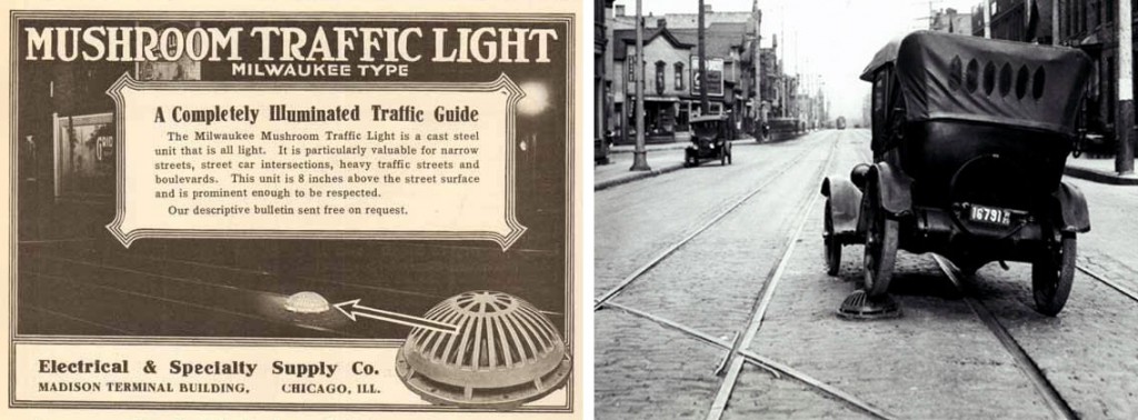 Left, an ad for the Milwaukee-style traffic mushroom, and right, the device in action on Milwaukee's streets, circa 1926. Via the Milwaukee Public Library.