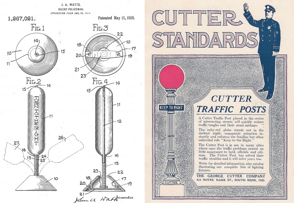 Left, a patent for a Silent Policeman traffic post, and right, an ad for the Cutter Company's lighted post, both from 1918.