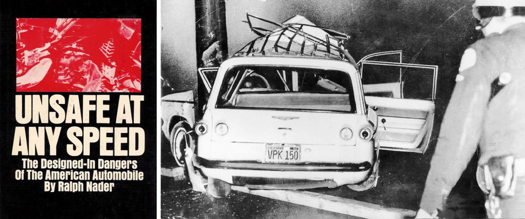 Ralph Nader's book, "Unsafe at Any Speed," brought a larger awareness to America's traffic fatalities, and targeted design issues with the Corvair. A few years prior, in 1962, comedian Ernie Kovacs was killed in a Corvair wagon, seen at right wrapped around a telephone pole.